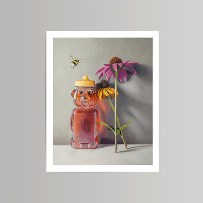 Fine art print of a honey bear jar, a bumblebee, and two colorful coneflower blossoms on a light background.