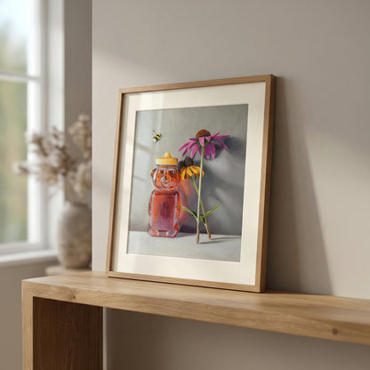 Framed fine art print of a honey bear jar, a bumblebee, and purple and yellow blossoms.