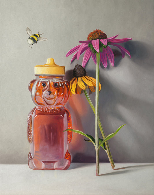 Still life art print of a honey bear bottle, a bumblebee, and two purple and yellow coneflowers.