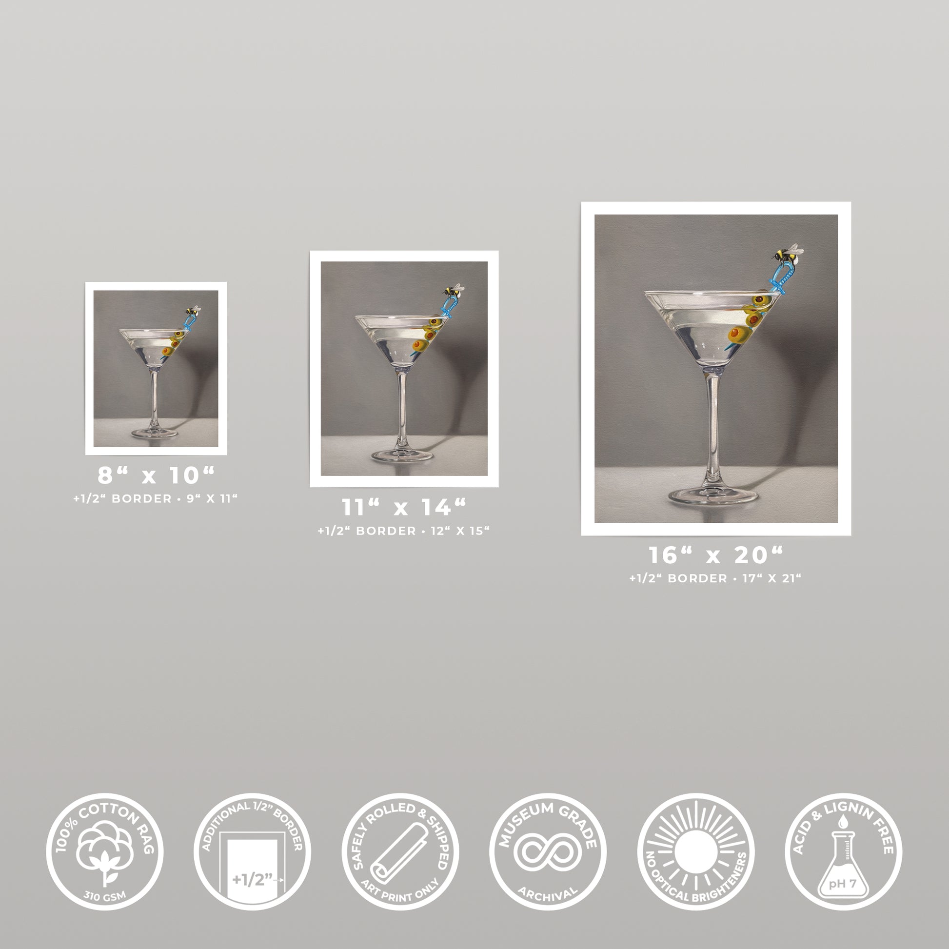 Three Bumble Bee Martini art prints in 8x10, 11x14, and 16x20 sizes, with quality icons.