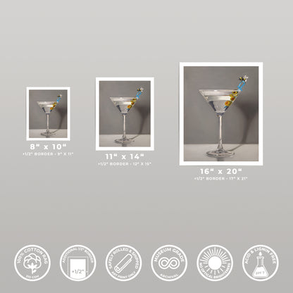 Three Bumble Bee Martini art prints in 8x10, 11x14, and 16x20 sizes, with quality icons.