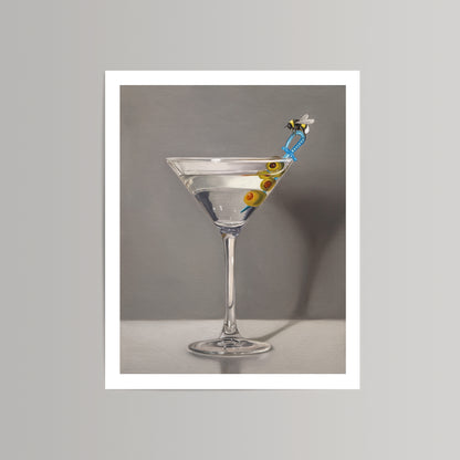 Bumble Bee Martini fine art print on cotton rag paper, featuring a martini glass with olives and a bee on a blue straw.