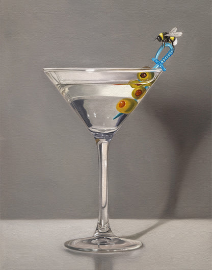 Vibrant fine art print of a martini with three olives on a blue sword pick, topped with a bumble bee.
