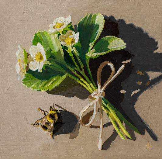 Bumblebee & Strawberry Blossoms • 6 x 6