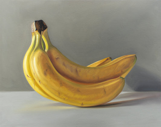 Still life oil painting of a bunch of ripe yellow bananas on a gray background.