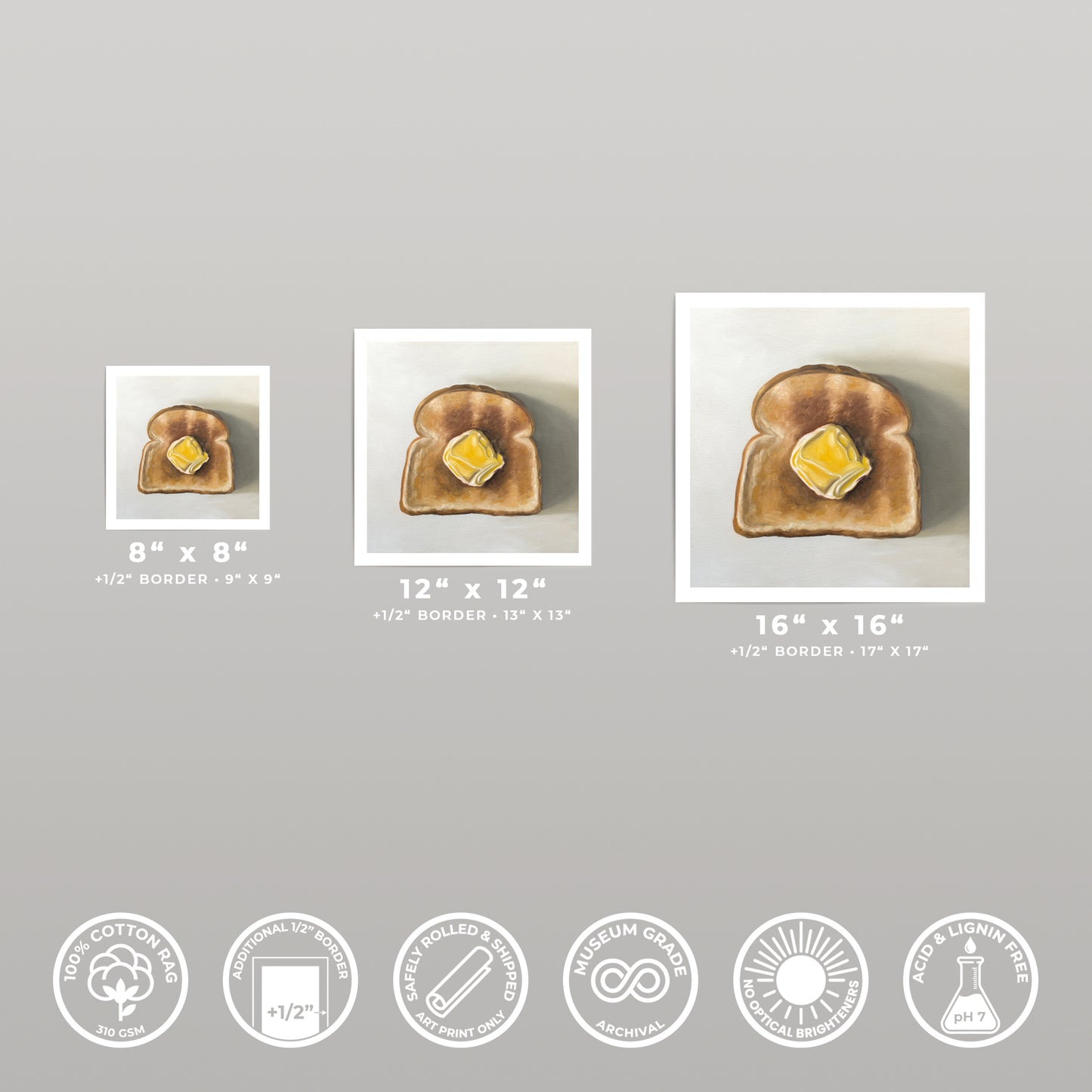 Three square art prints of buttered toast, available in 8x8, 12x12, and 16x16 inches, with white borders.
