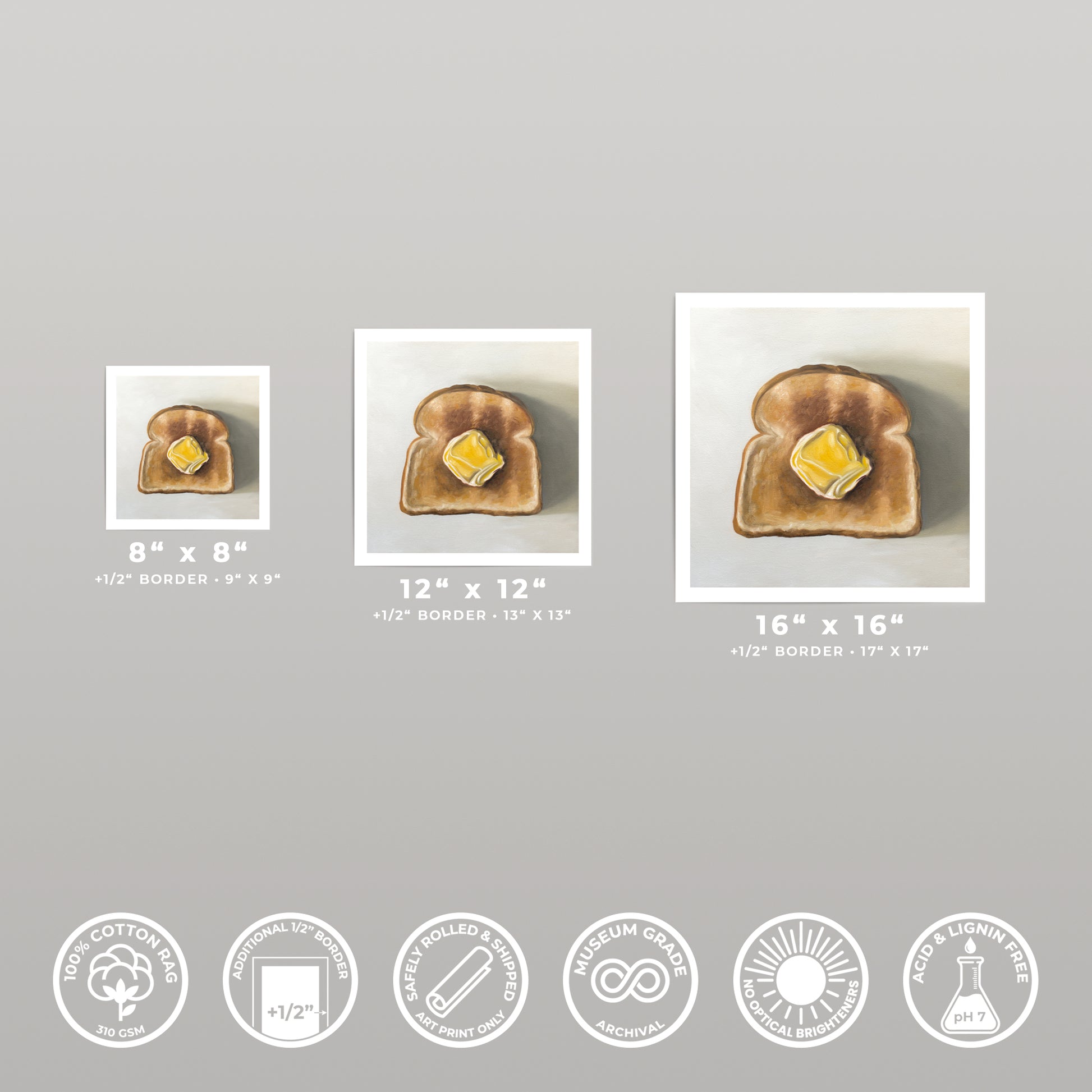 Three square art prints of buttered toast, available in 8x8, 12x12, and 16x16 inches, with white borders.