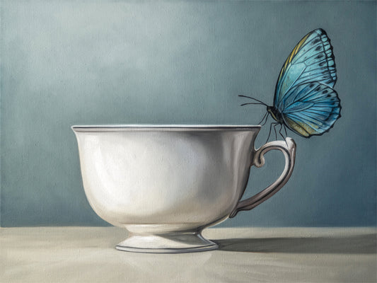 Butterfly & Teacup Fine Art Print by Lauren Pretorius: a butterfly drinking from a teacup, with a blue and white color scheme.