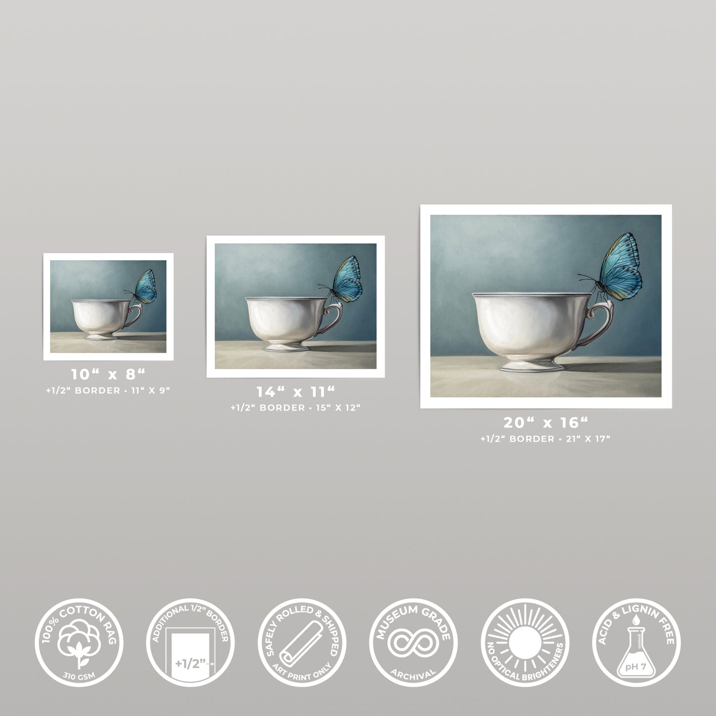 Fine art print of a blue butterfly perched on a white teacup, available in multiple sizes.