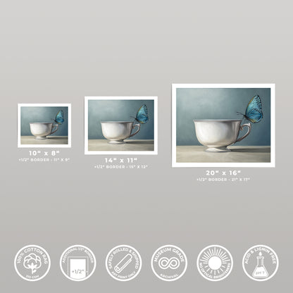 Fine art print of a blue butterfly perched on a white teacup, available in multiple sizes.