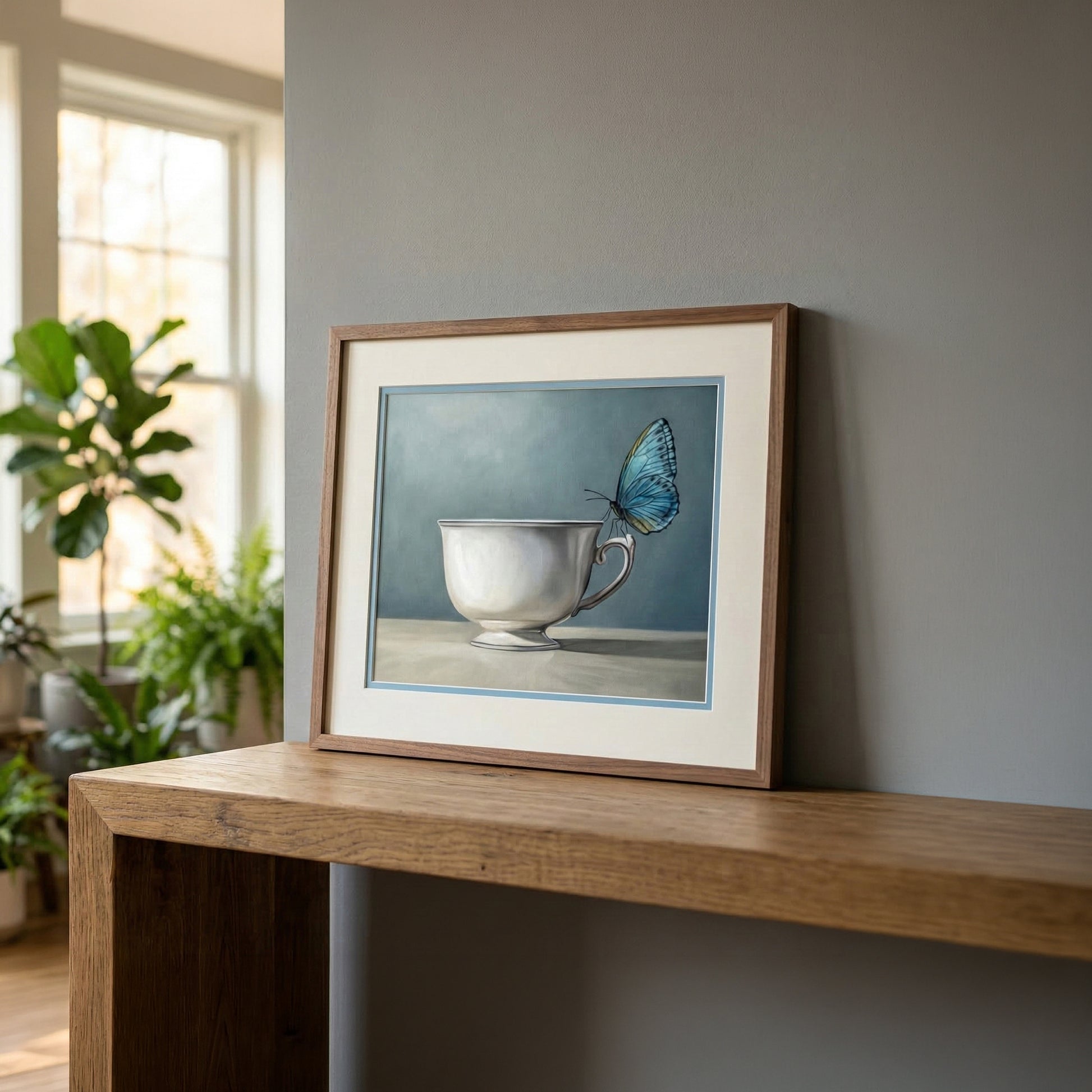 Framed fine art print featuring a blue butterfly perched on a white teacup, displayed on a wooden surface.