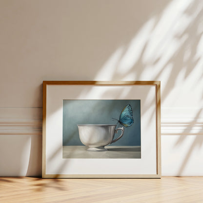 Framed fine art print of a blue butterfly perched on a white teacup against a soft blue background.