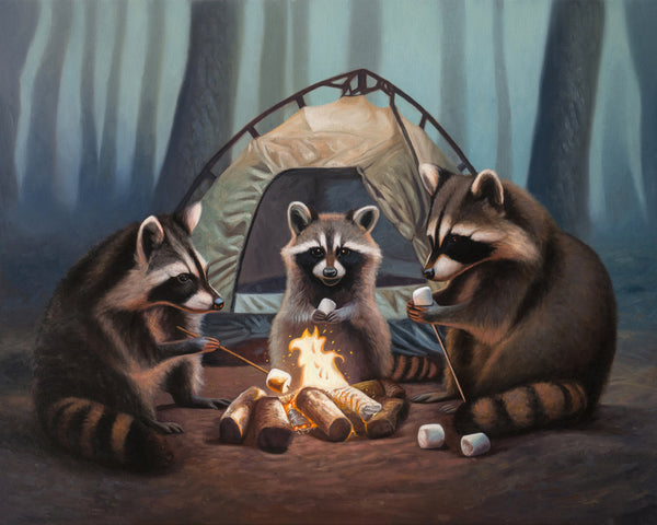 Three raccoons around a campfire in a forest setting