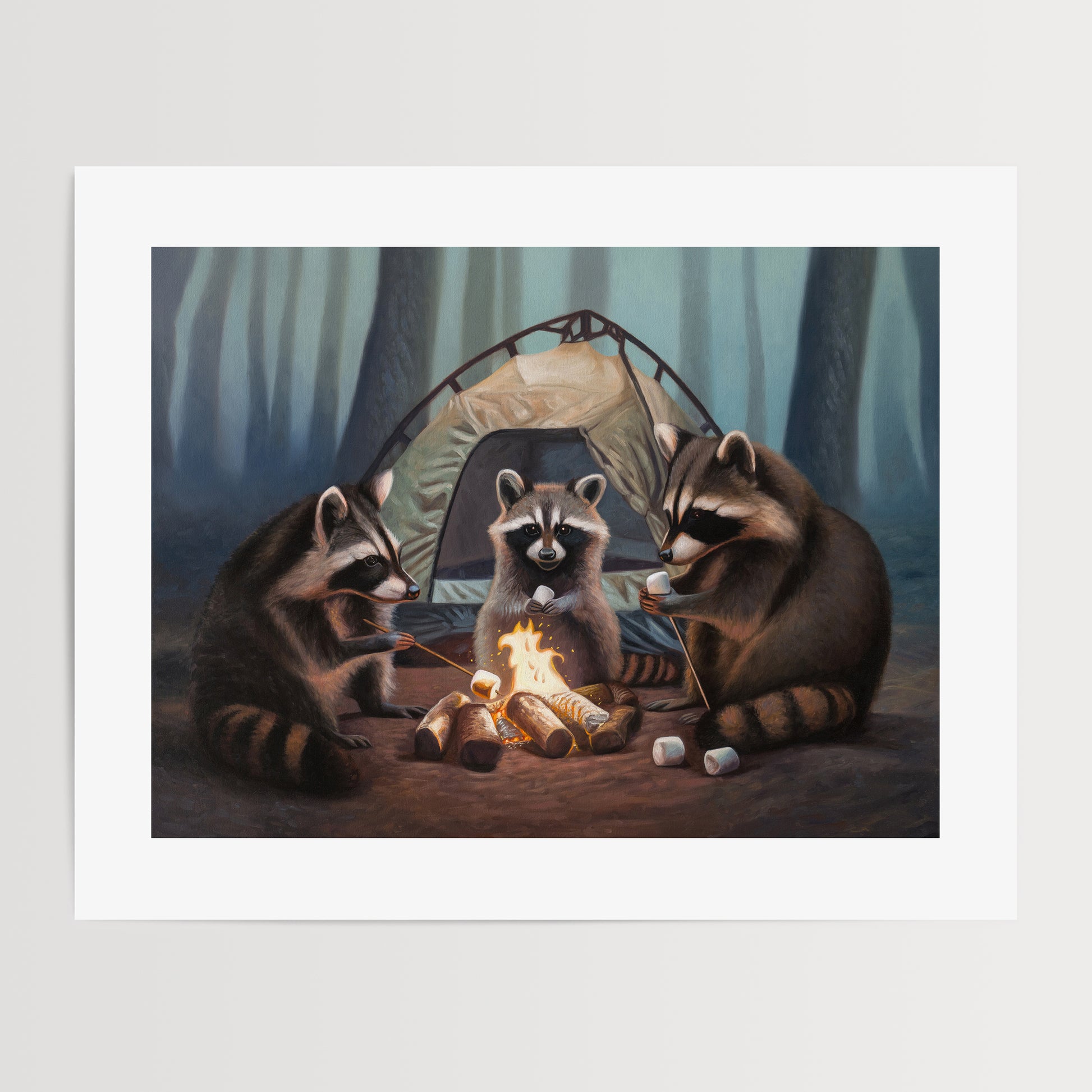Campfire Raccoons Fine Art Print by Lauren Pretorius: a family of raccoons roasting marshmallows by a campfire in front of their tent in the woods at night.