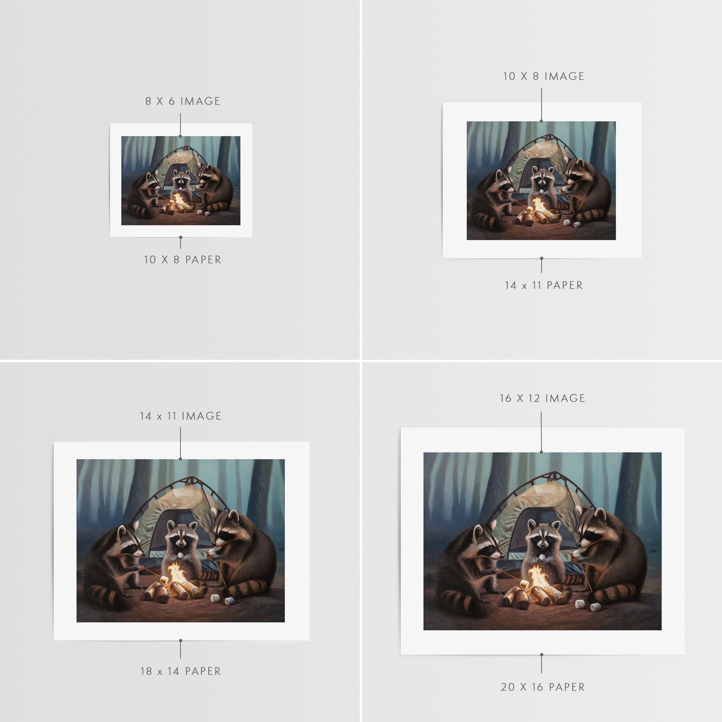 Campfire Raccoons Fine Art Print by Lauren Pretorius: a family of raccoons roasting marshmallows by a campfire in front of their tent in the woods at night.