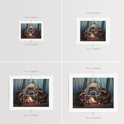 Campfire Raccoons Fine Art Print by Lauren Pretorius: a family of raccoons roasting marshmallows by a campfire in front of their tent in the woods at night.