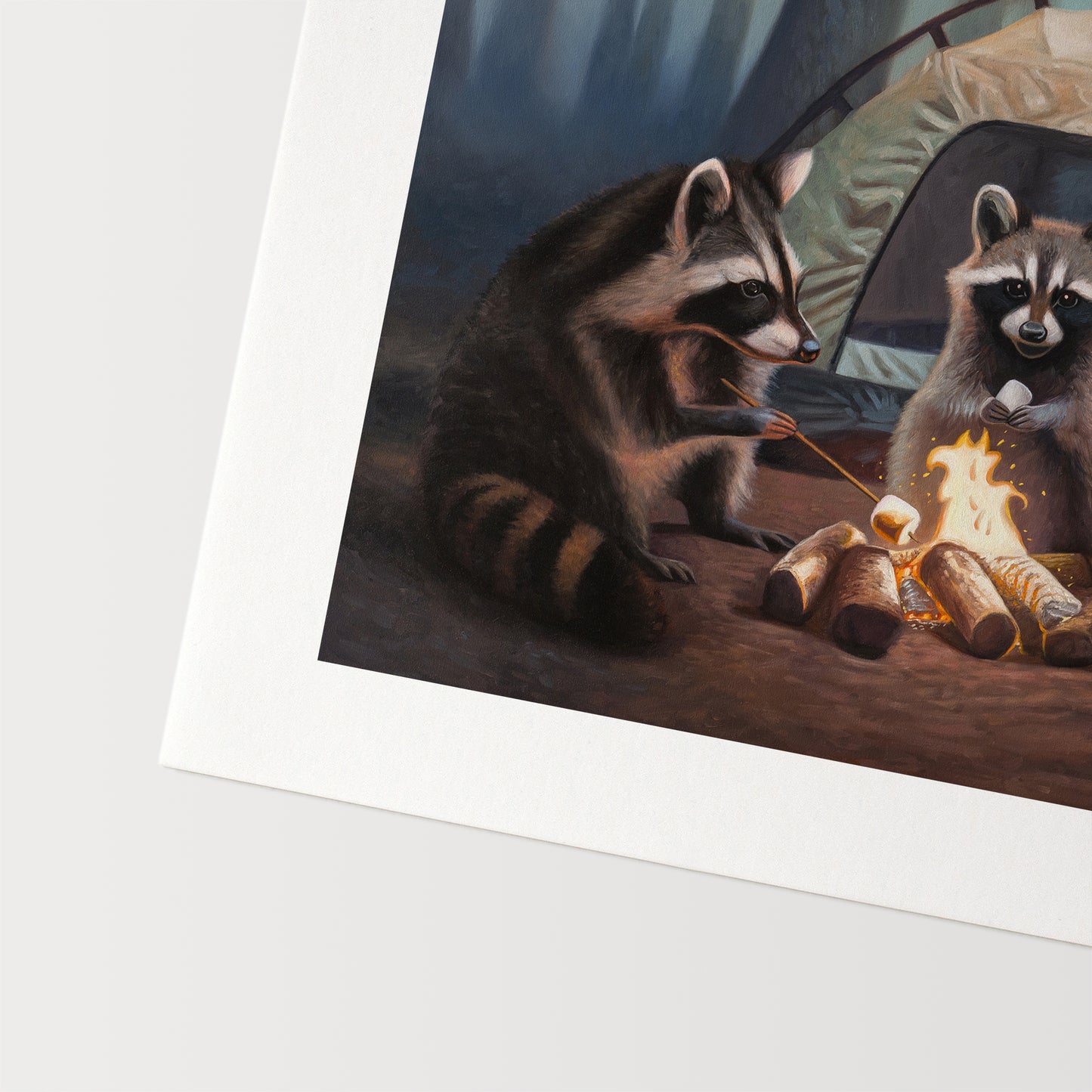 Campfire Raccoons Fine Art Print by Lauren Pretorius: a family of raccoons roasting marshmallows by a campfire in front of their tent in the woods at night.