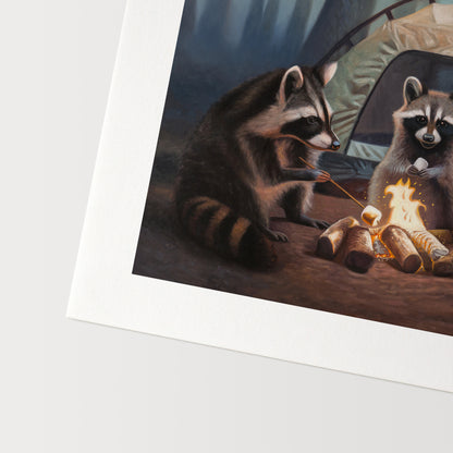 Campfire Raccoons Fine Art Print by Lauren Pretorius: a family of raccoons roasting marshmallows by a campfire in front of their tent in the woods at night.