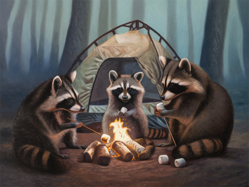 Campfire Raccoons Fine Art Print by Lauren Pretorius: a family of raccoons roasting marshmallows by a campfire in front of their tent in the woods at night.