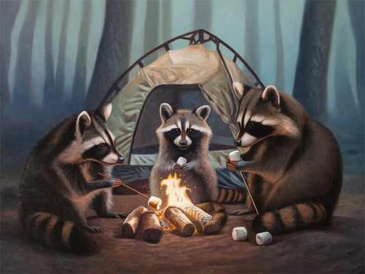 Campfire Raccoons Fine Art Print by Lauren Pretorius: a family of raccoons roasting marshmallows by a campfire in front of their tent in the woods at night.