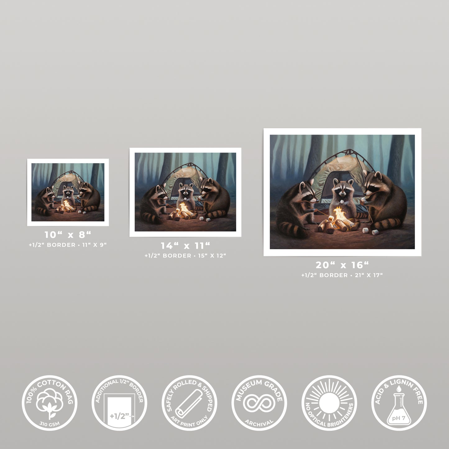 Three "Campfire Raccoons" art prints in varying sizes, featuring raccoons around a campfire and tent in a forest.