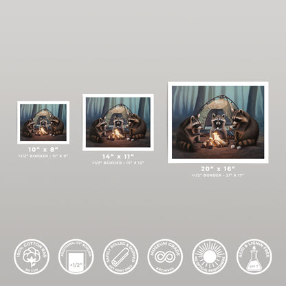 Three "Campfire Raccoons" art prints in varying sizes, featuring raccoons around a campfire and tent in a forest.