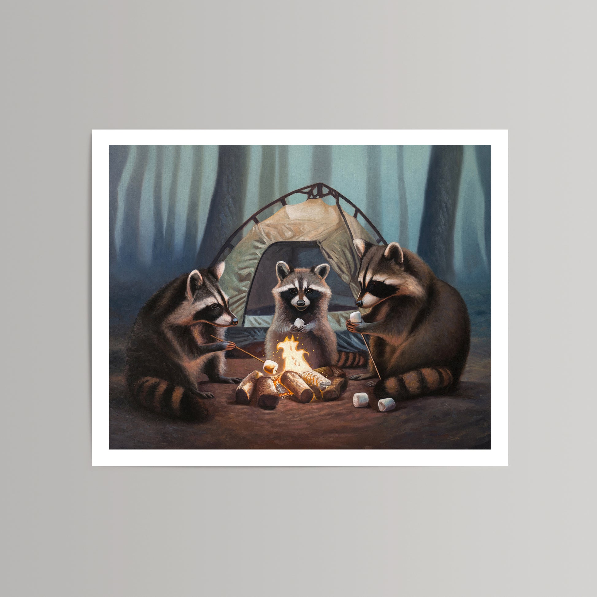 Fine art print of three raccoons roasting marshmallows around a campfire in front of a tent in a forest.