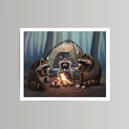 Fine art print of three raccoons roasting marshmallows around a campfire in front of a tent in a forest.