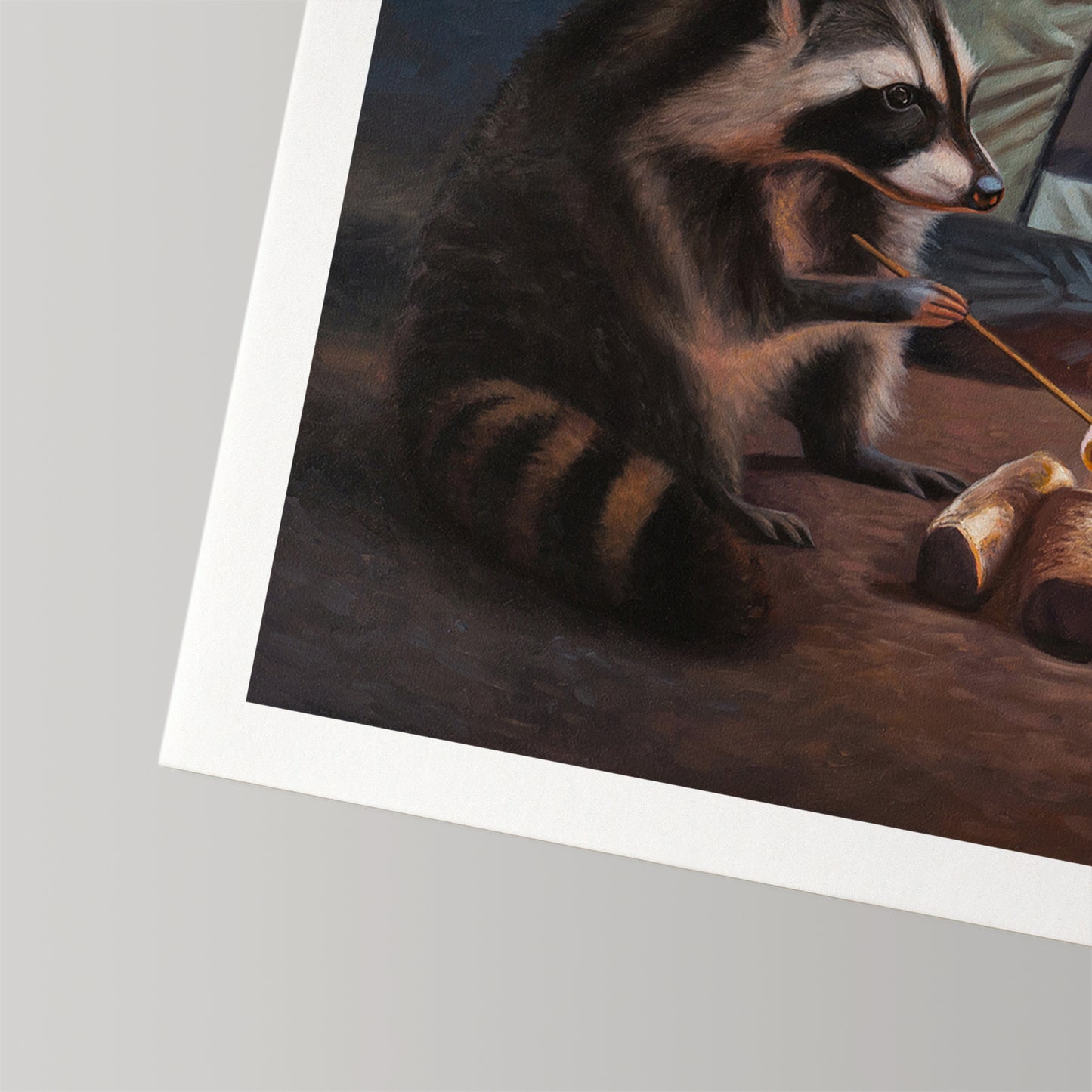 Fine art print of a raccoon roasting marshmallows over a campfire, with a white border.