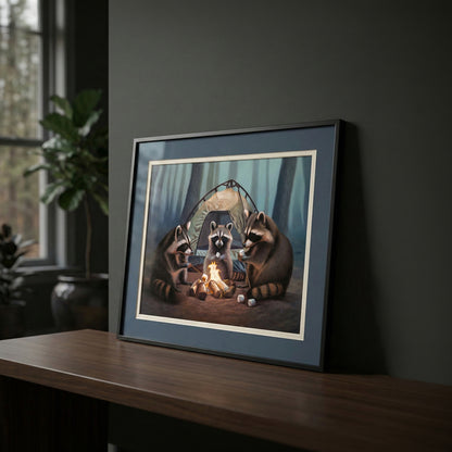 Framed fine art print of three raccoons roasting marshmallows around a campfire outside a tent in a forest.