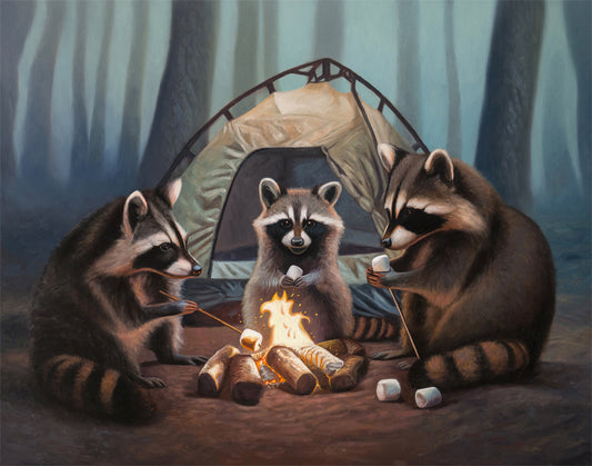 Whimsical art print of three raccoons roasting marshmallows around a campfire in front of a tent in a forest.