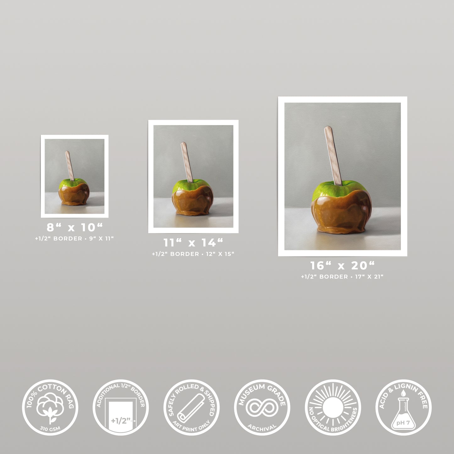 Caramel Apple fine art print in 8x10, 11x14, and 16x20 sizes, with quality icons.