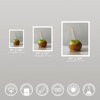 Caramel Apple fine art print in 8x10, 11x14, and 16x20 sizes, with quality icons.