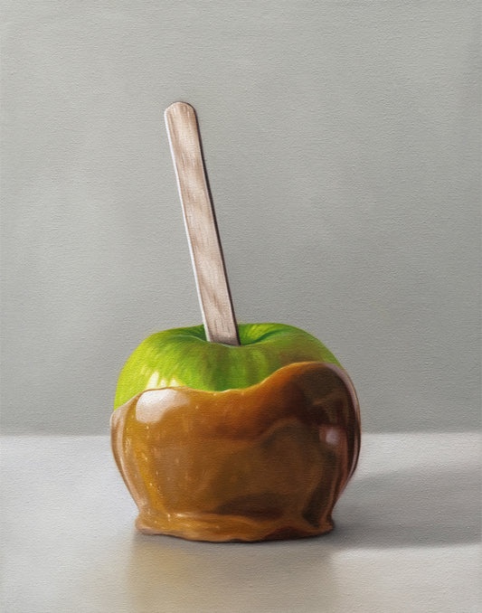 Realistic fine art print of a vibrant green caramel apple with a wooden stick on a light gray background.