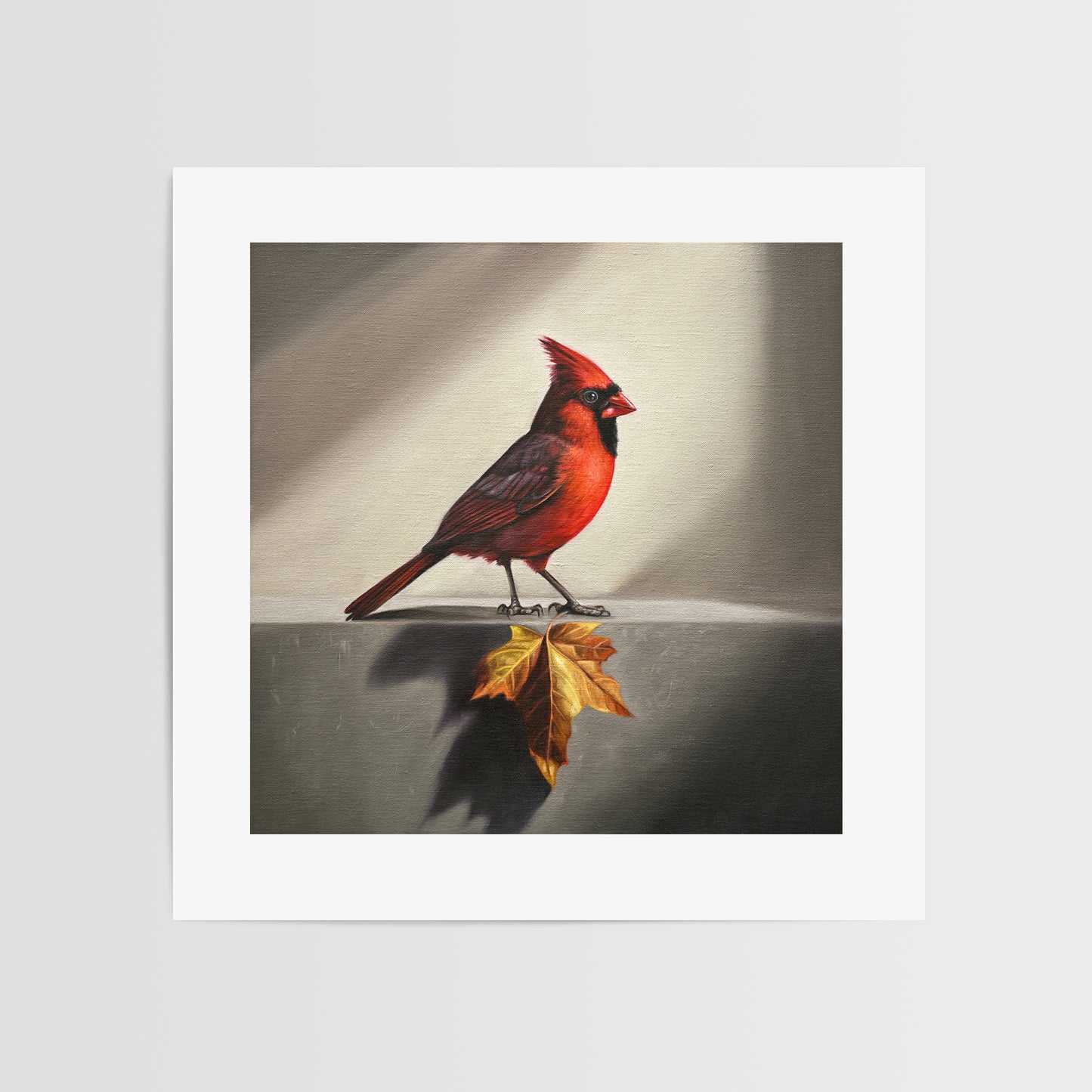 Cardinal & Maple Leaf Fine Art Print by Lauren Pretorius: a red cardinal bird with a maple leaf.
