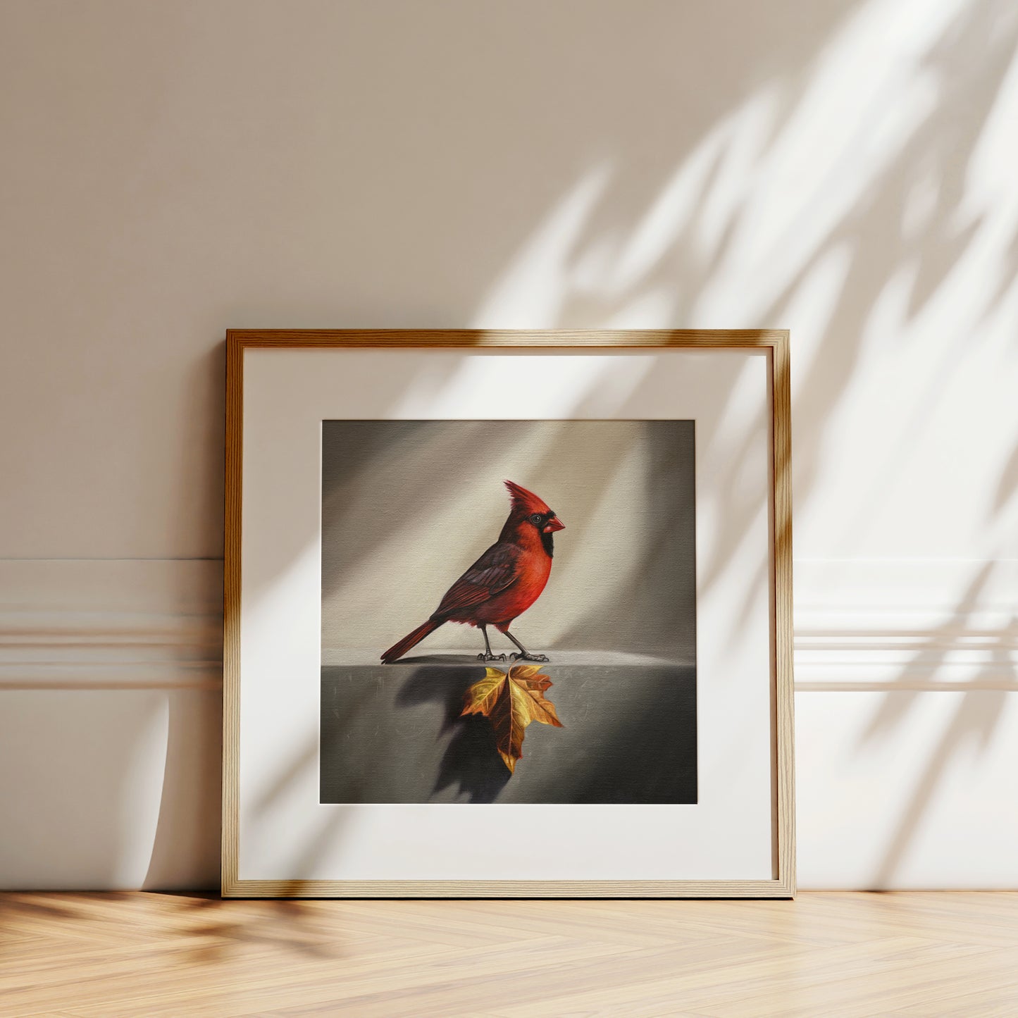 Cardinal & Maple Leaf Fine Art Print by Lauren Pretorius: a red cardinal bird with a maple leaf.