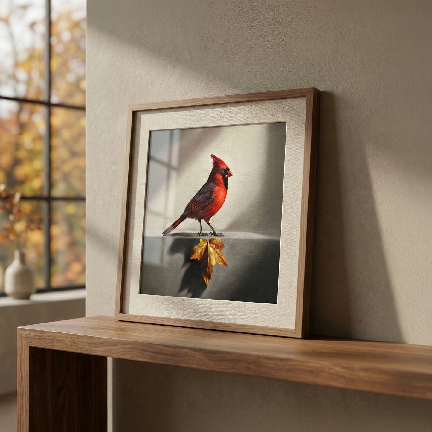 Framed fine art print of a vibrant red cardinal standing on a reflective surface with a golden maple leaf.