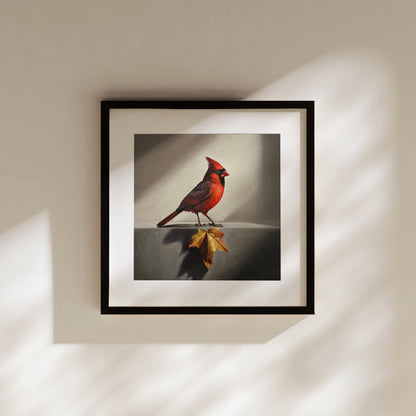 Framed fine art print of a vibrant red cardinal standing beside a fallen maple leaf.