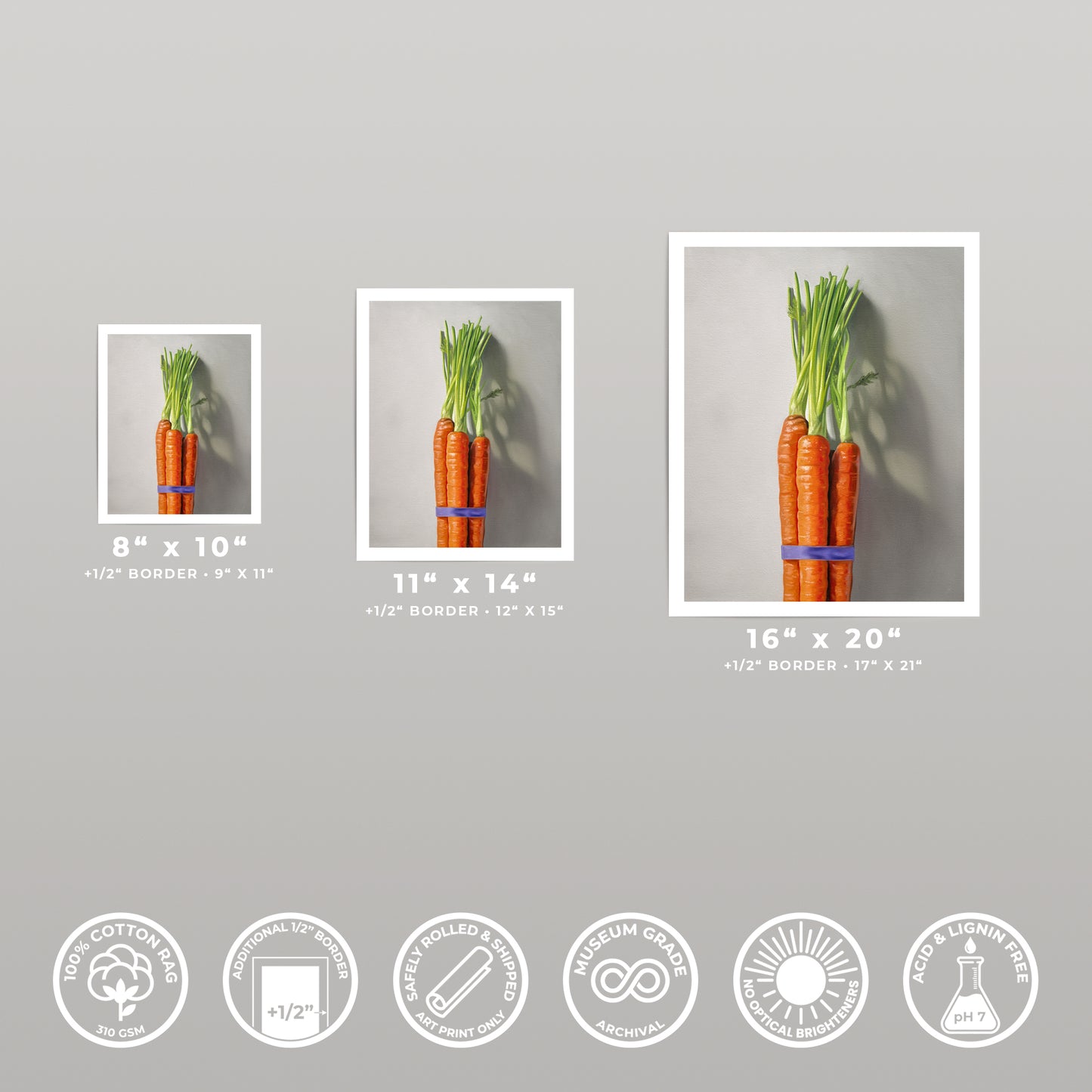 Three fine art prints of a carrot bunch, shown in 8x10, 11x14, and 16x20 sizes.