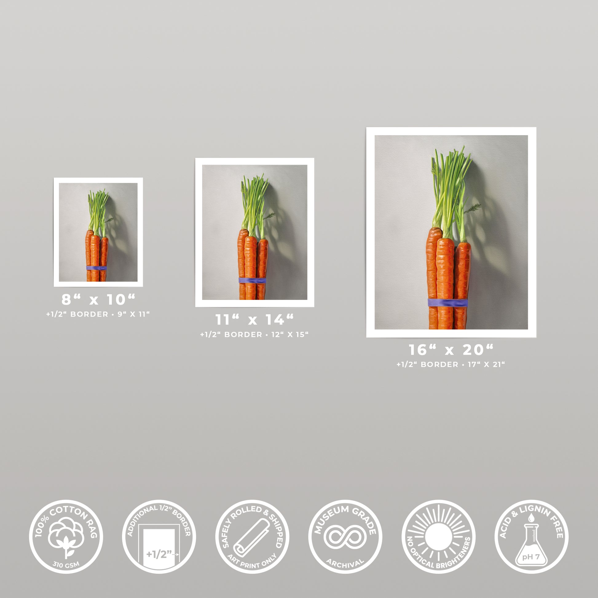 Three fine art prints of a carrot bunch, shown in 8x10, 11x14, and 16x20 sizes.