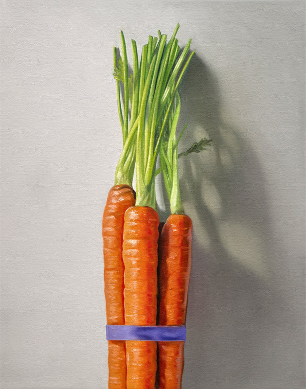 Vibrant fine art print of three orange carrots with green tops, bound by a purple band, on a light gray background.