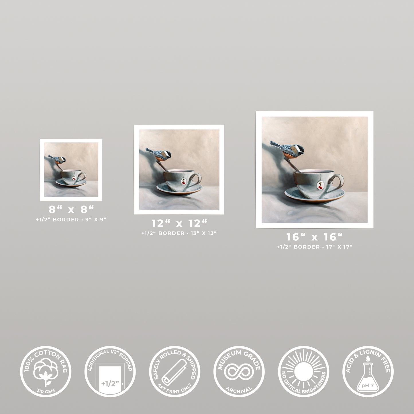 Three fine art prints of a chickadee on a teacup with cherries, displayed in 8x8, 12x12, and 16x16 sizes.
