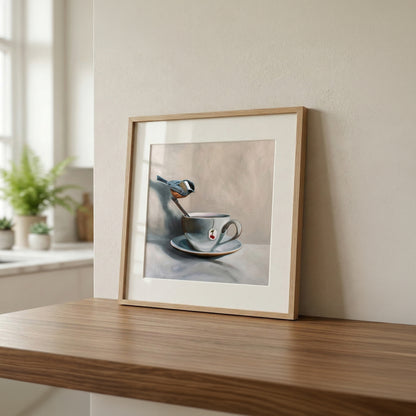 Framed fine art print of a chickadee perched on a spoon in a teacup with a cherry design.