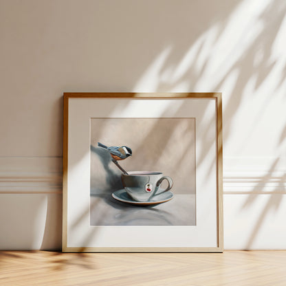 Framed fine art print of a chickadee perched on a spoon in a teacup with a cherry tea tag.