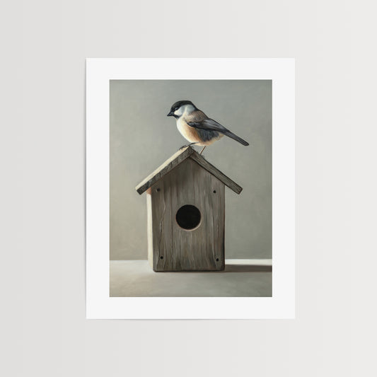 Chickadee & Birdhouse Fine Art Print by Lauren Pretorius: a Chickadee perched don top of a wooden bird house resting on a white surface with grey background.