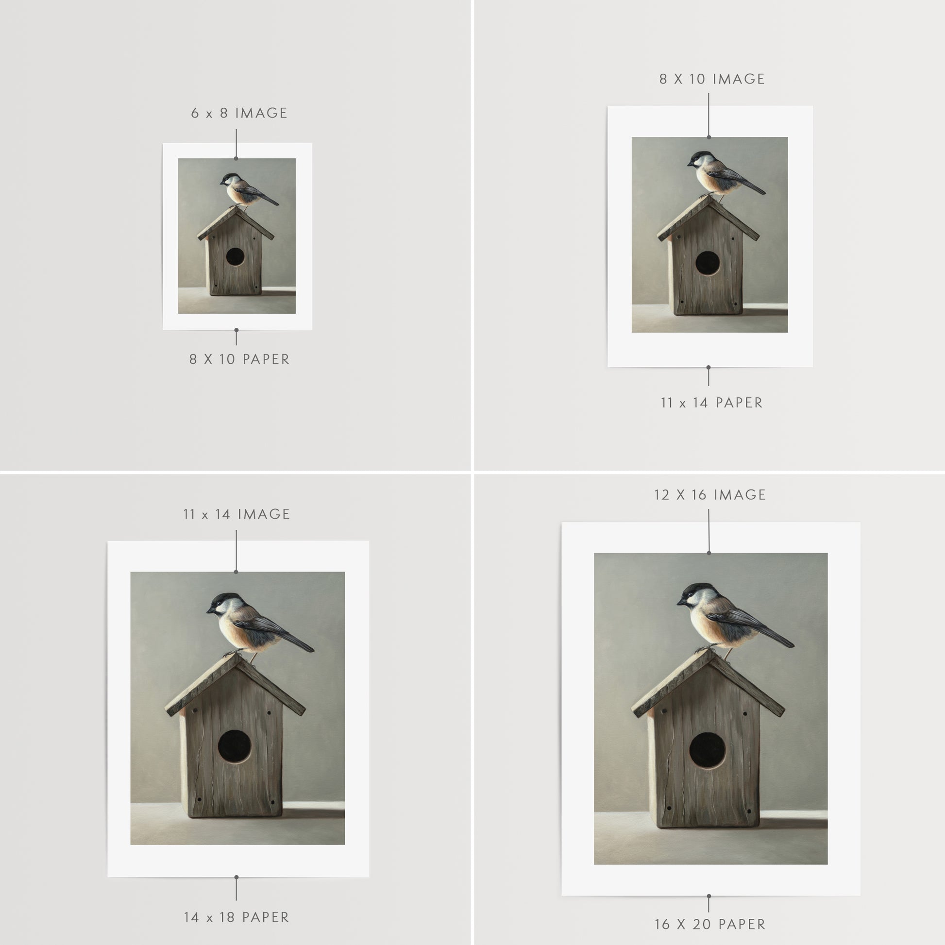 Chickadee & Birdhouse Fine Art Print by Lauren Pretorius: a Chickadee perched don top of a wooden bird house resting on a white surface with grey background.
