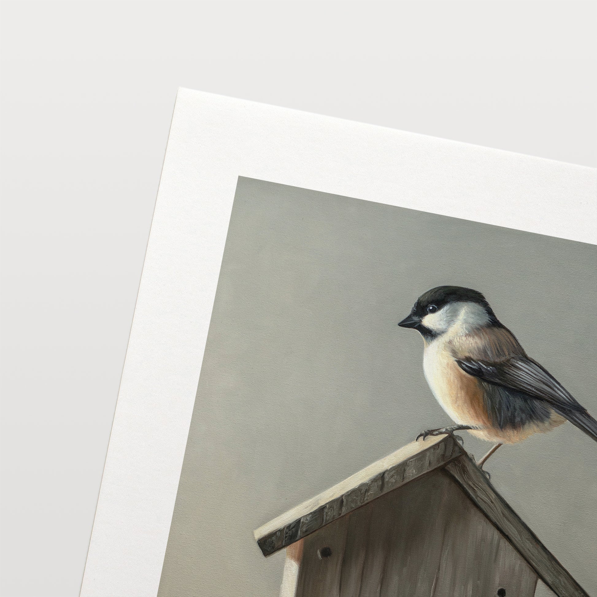 Chickadee & Birdhouse Fine Art Print by Lauren Pretorius: a Chickadee perched don top of a wooden bird house resting on a white surface with grey background.