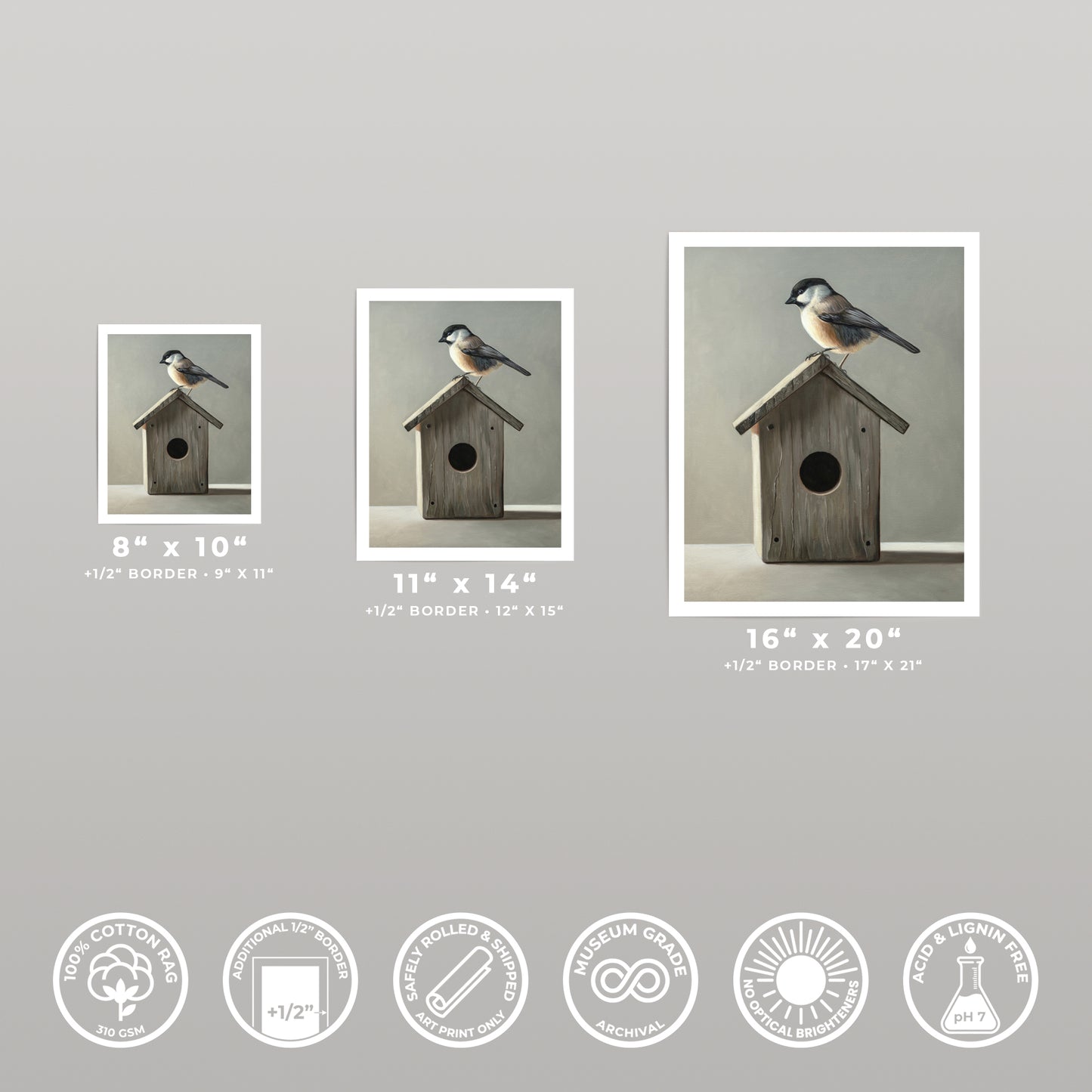 Three fine art prints of a chickadee on a wooden birdhouse, shown in 8x10, 11x14, and 16x20 sizes.