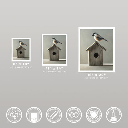 Three fine art prints of a chickadee on a wooden birdhouse, shown in 8x10, 11x14, and 16x20 sizes.