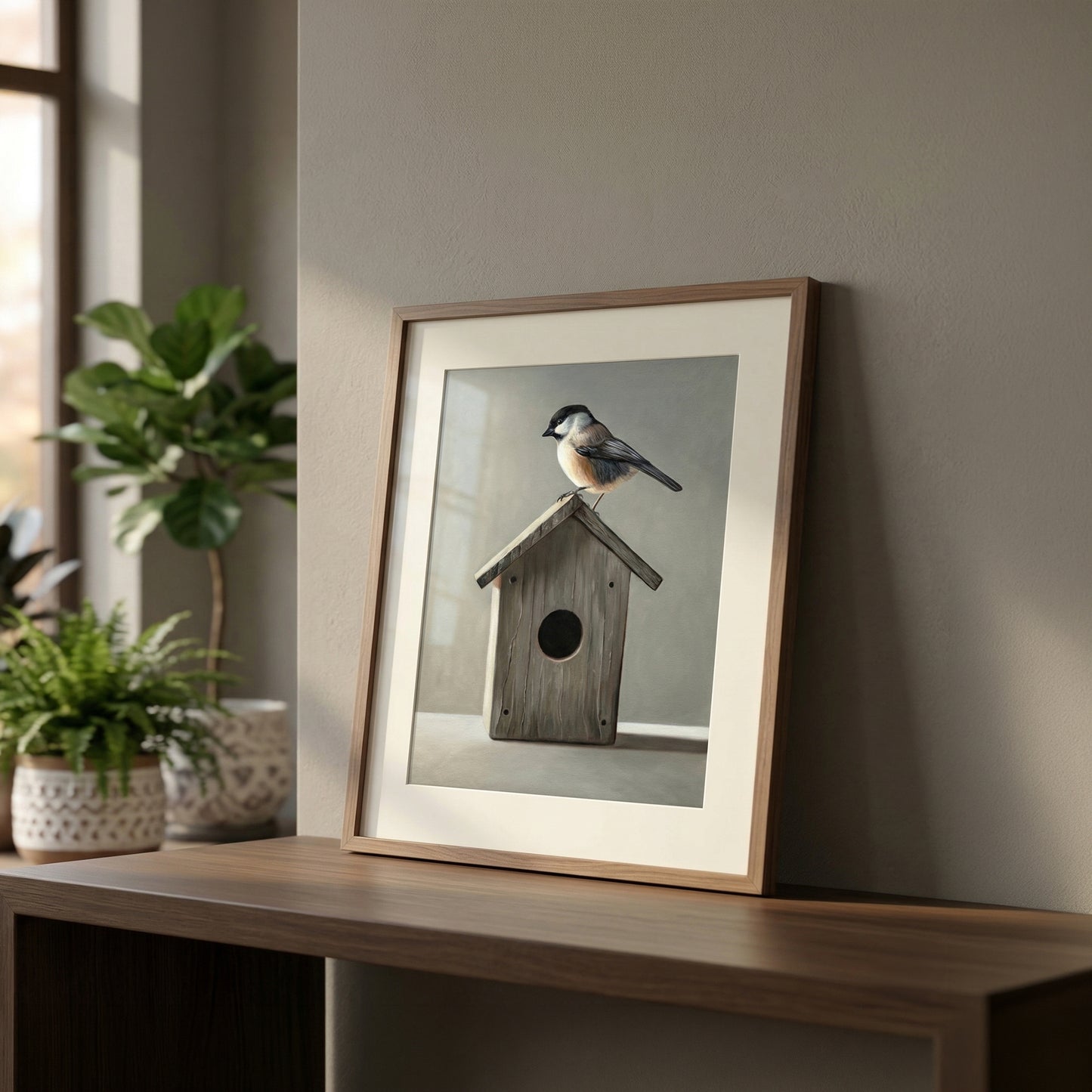 Framed fine art print of a chickadee perched on a rustic wooden birdhouse, displayed on a dark wood surface.